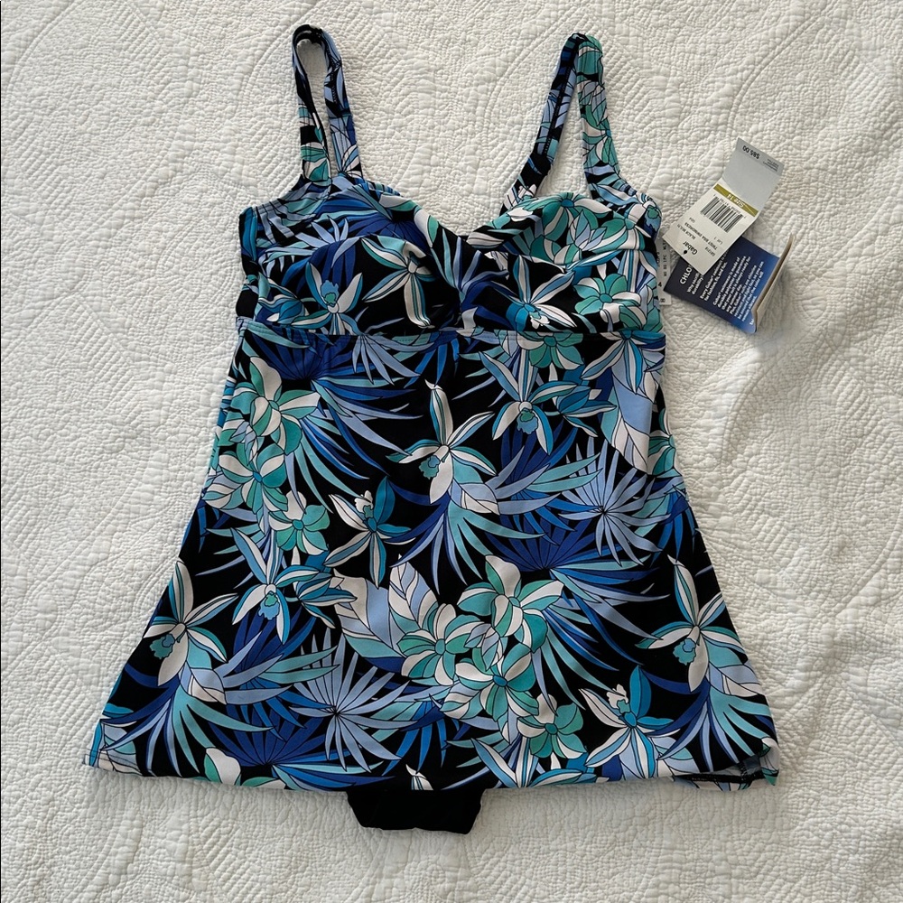 NWT Gabar Twist Bra Swimdress size 14. Black w/blues+greens. Black underlayer